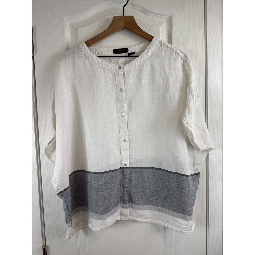 Tahari 100% Linen Short Sleeve Button Front Top Oversized Women's S Small